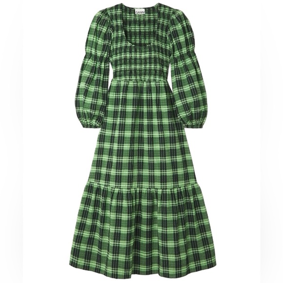 Ganni Dresses & Skirts - GANNI Seersucker Tiered Check Midi Dress Women in Peapod Green and Black Size 2